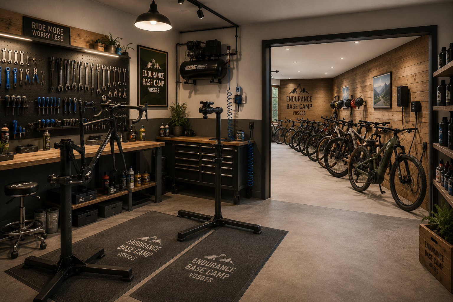 Atelier vélo avec établis et outils, ouvrant sur un garage où les vélos sont rangés.