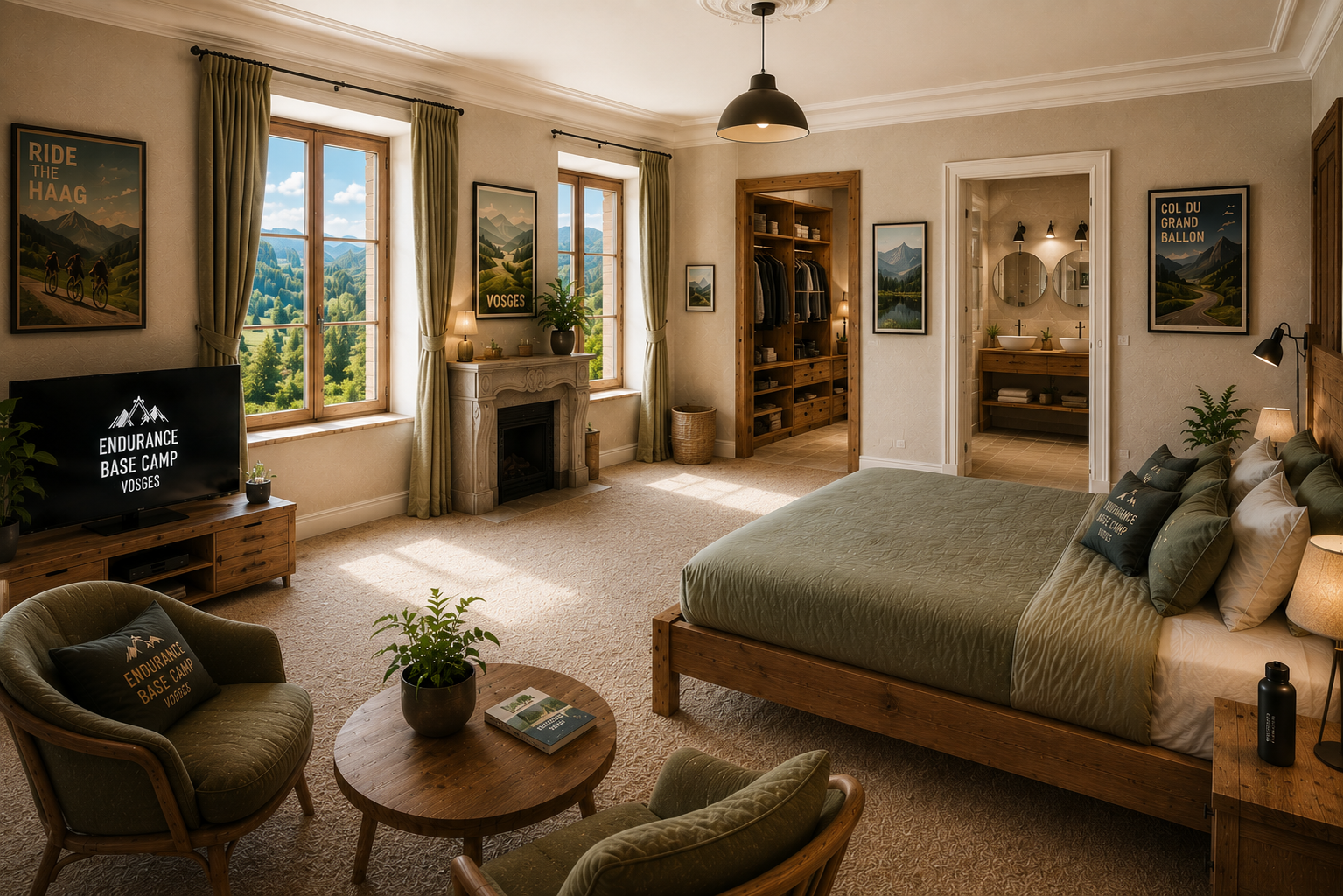 Chambre avec un grand lit, un coin salon et une vue sur les collines.