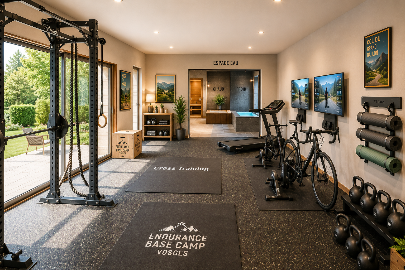 Salle de sport ouvrant sur un espace d’eau chaude et froide.