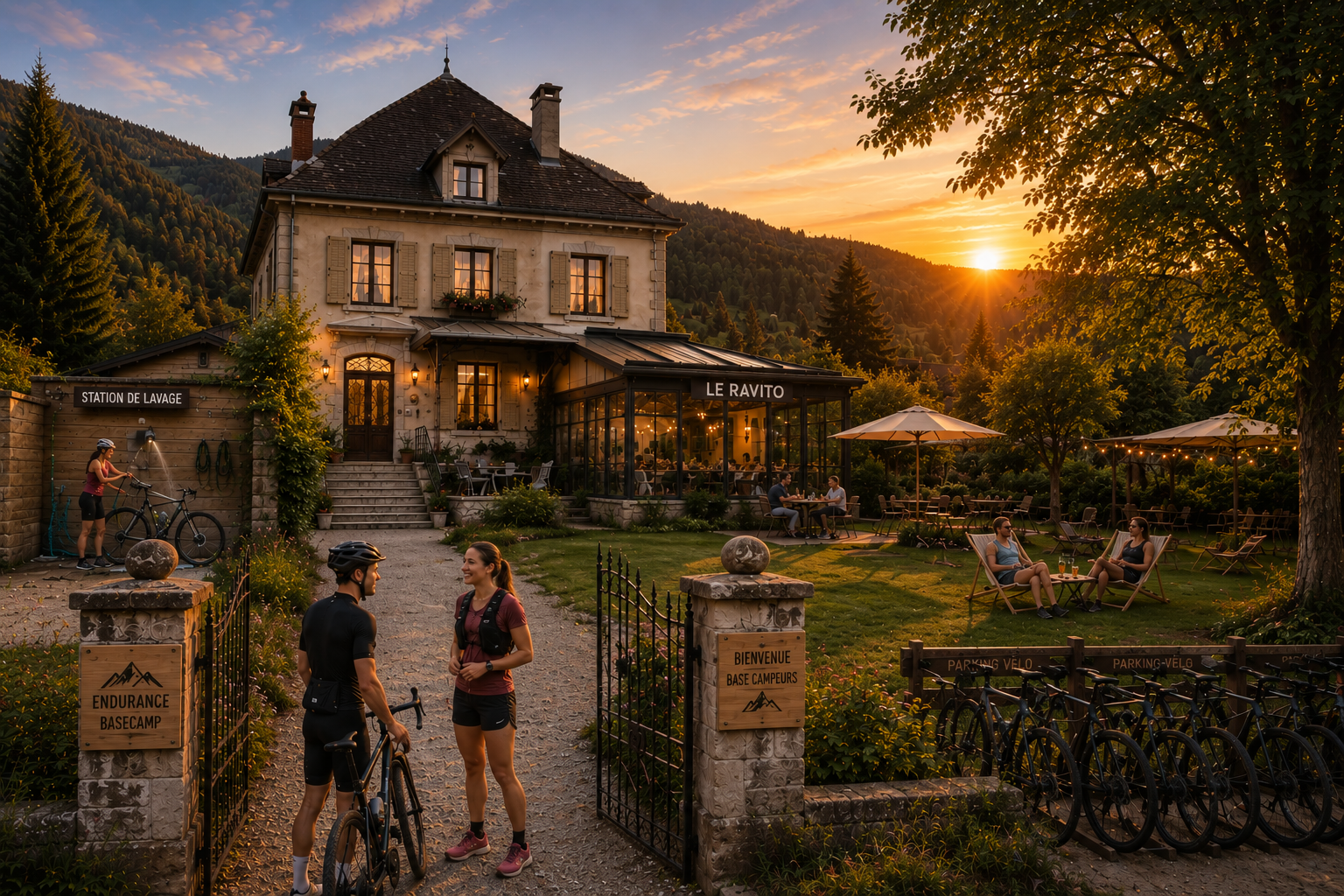 Maison et ses abords, avec des cyclistes et une terrasse. Ce n’est pas le lieu retenu.