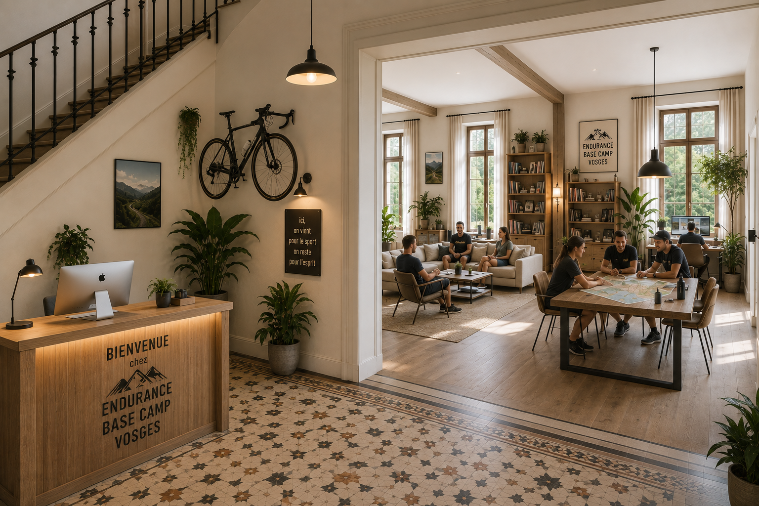 Grand salon avec canapés, bibliothèque et une table où l’on consulte une carte.
