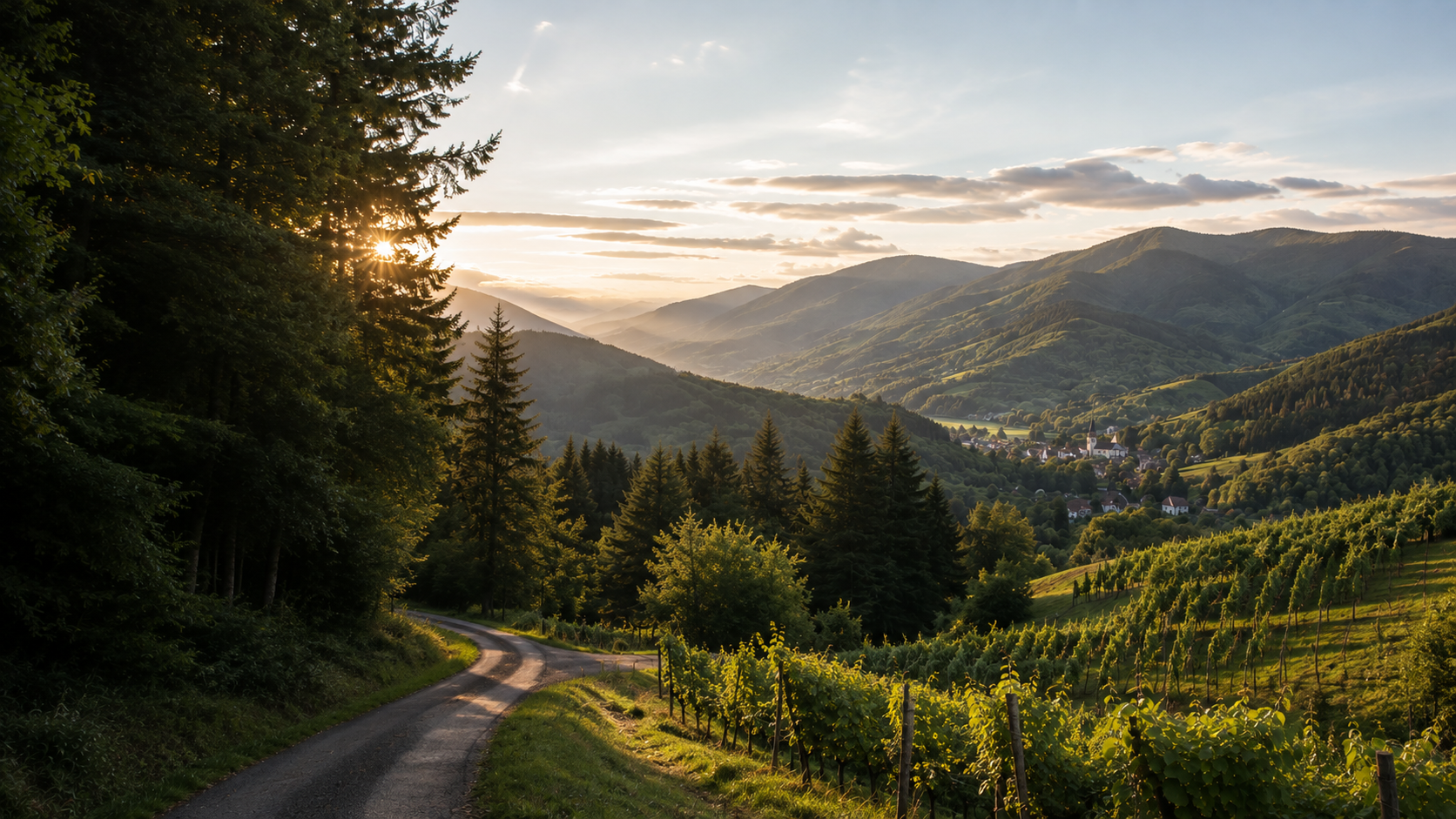Route de campagne descendant vers une vallée, des vignes et un village, dans un massif boisé.