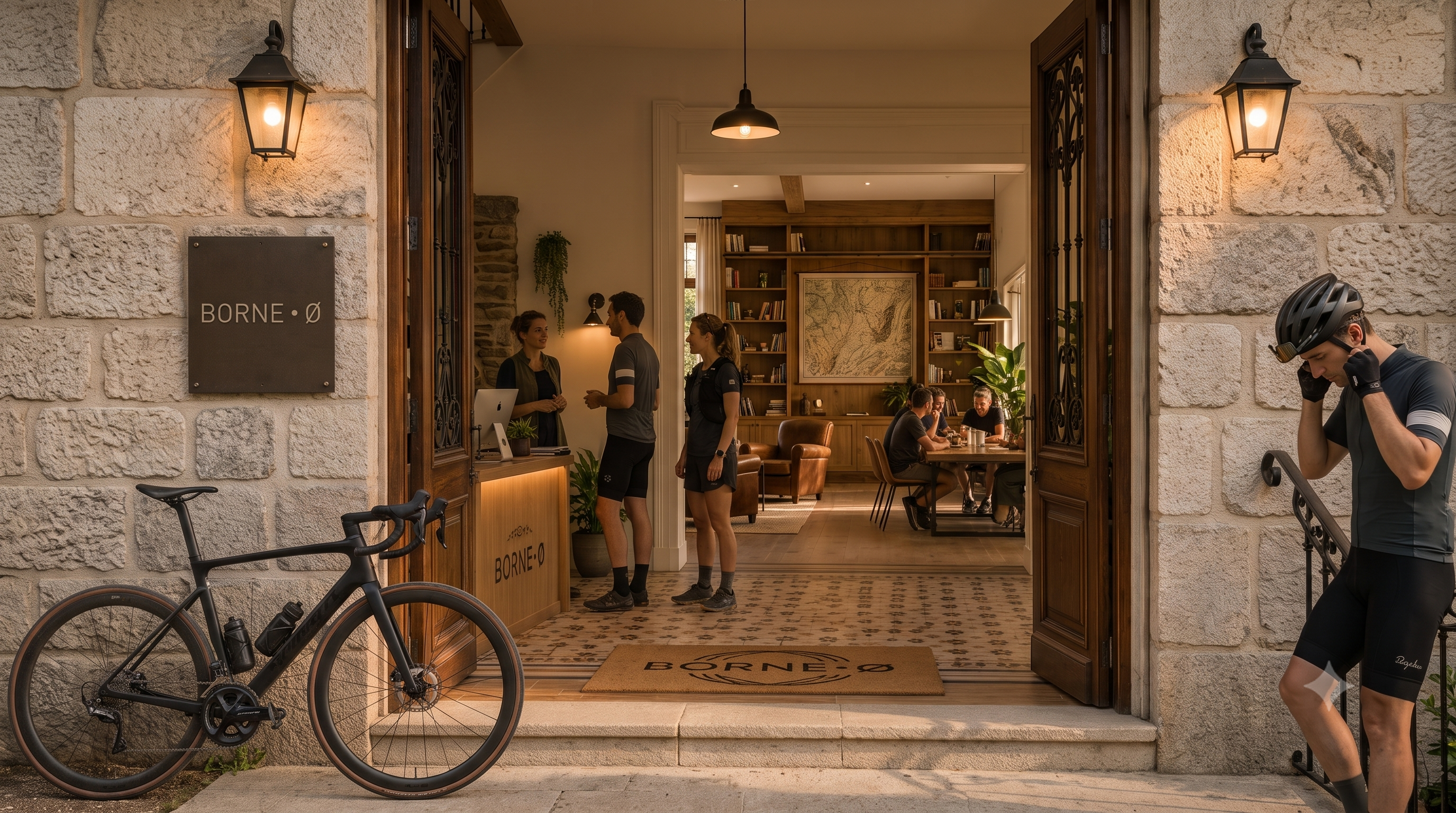Entrée ouverte sur un comptoir d’accueil, avec des cyclistes et une plaque BORNE • Ø.