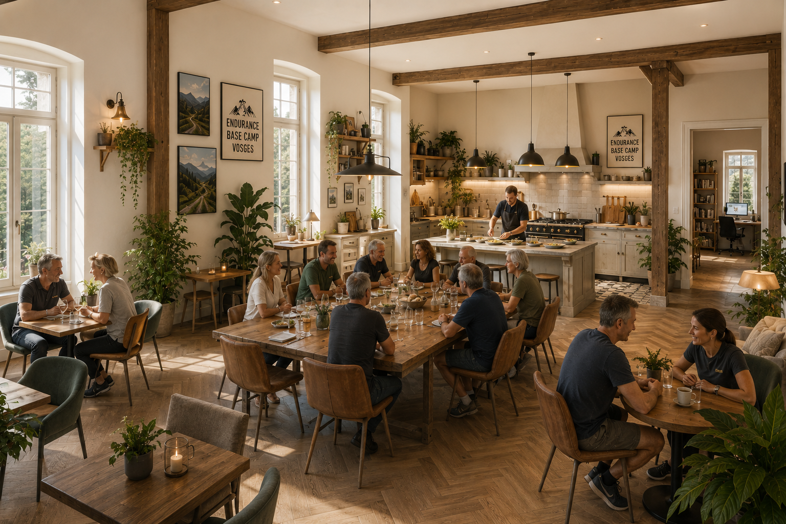 Grande salle à manger et cuisine ouverte, avec des personnes attablées pour le dîner.