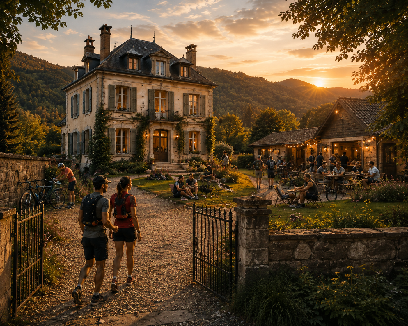Maison de caractère au soleil couchant, cour ouverte et collines boisées. Le bâtiment n’est pas encore choisi.