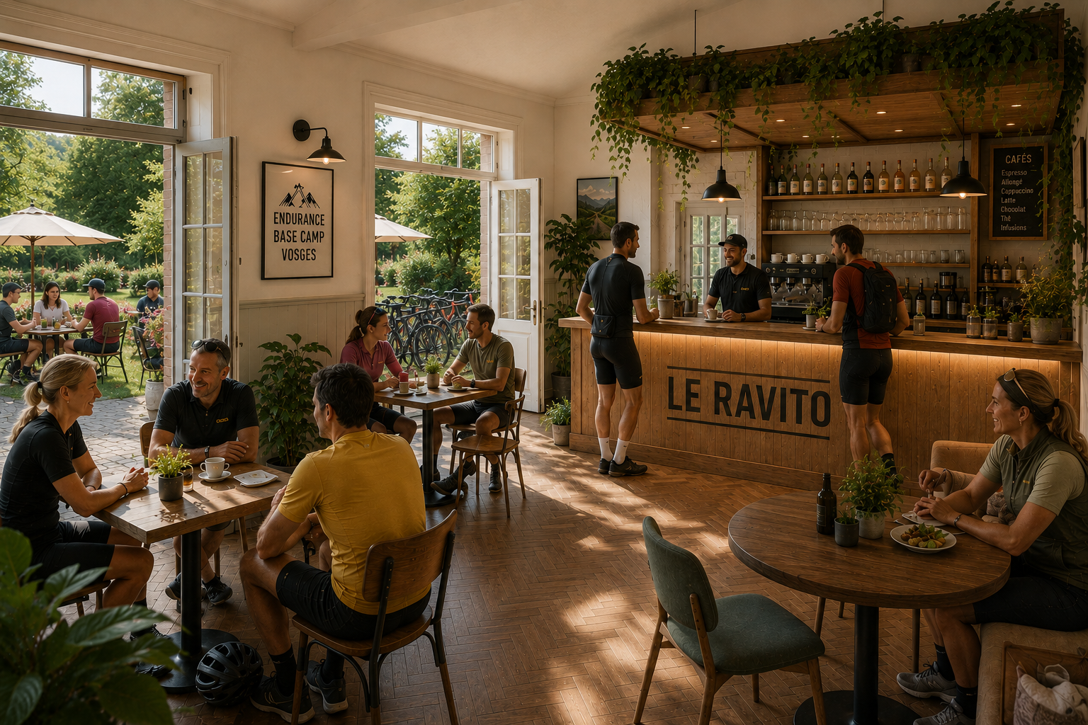 Café avec un comptoir marqué Le Ravito, des cyclistes attablés et une terrasse.