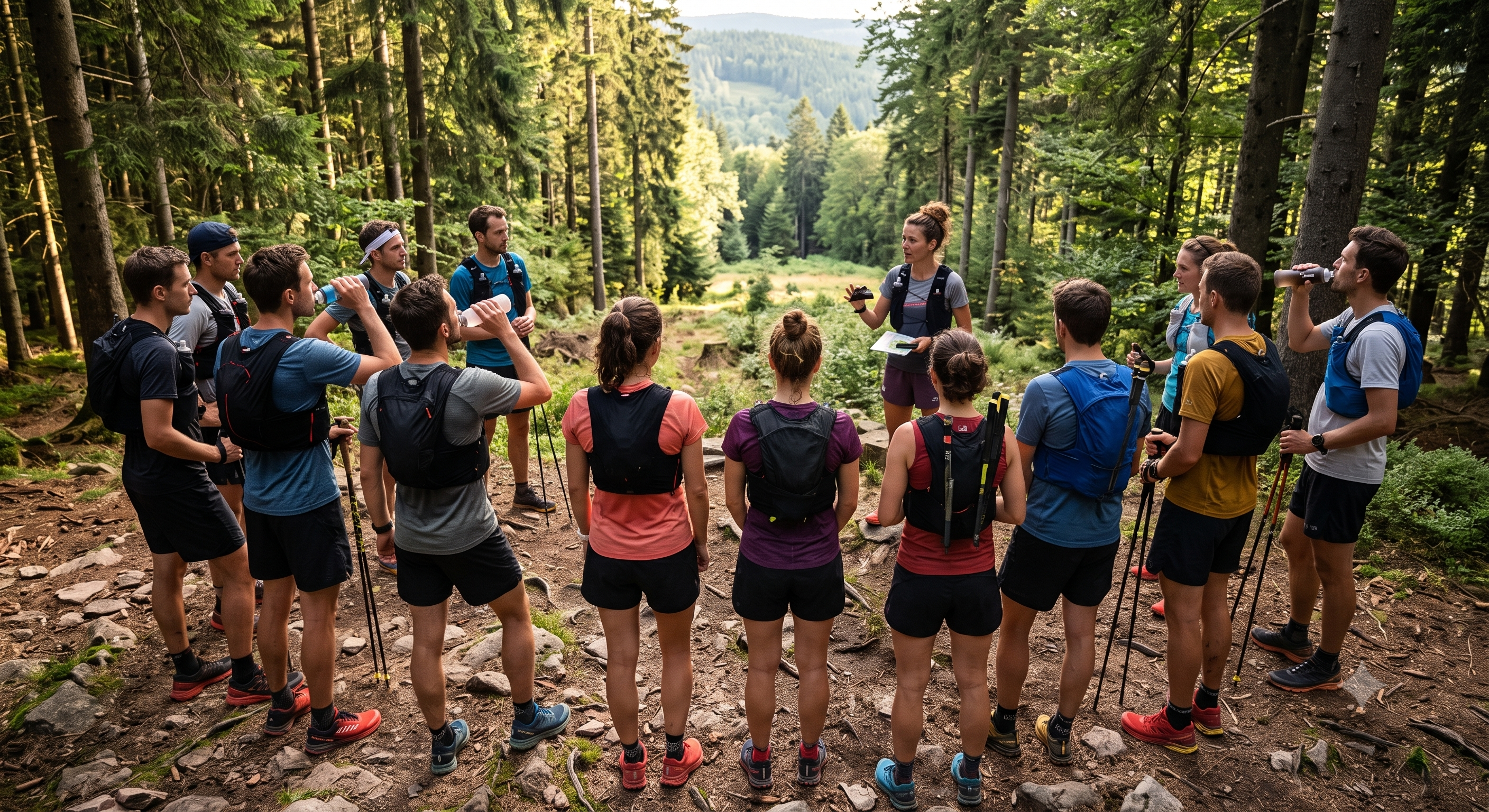 Groupe de coureurs réuni autour d’une personne qui présente une carte, sur un sentier forestier.