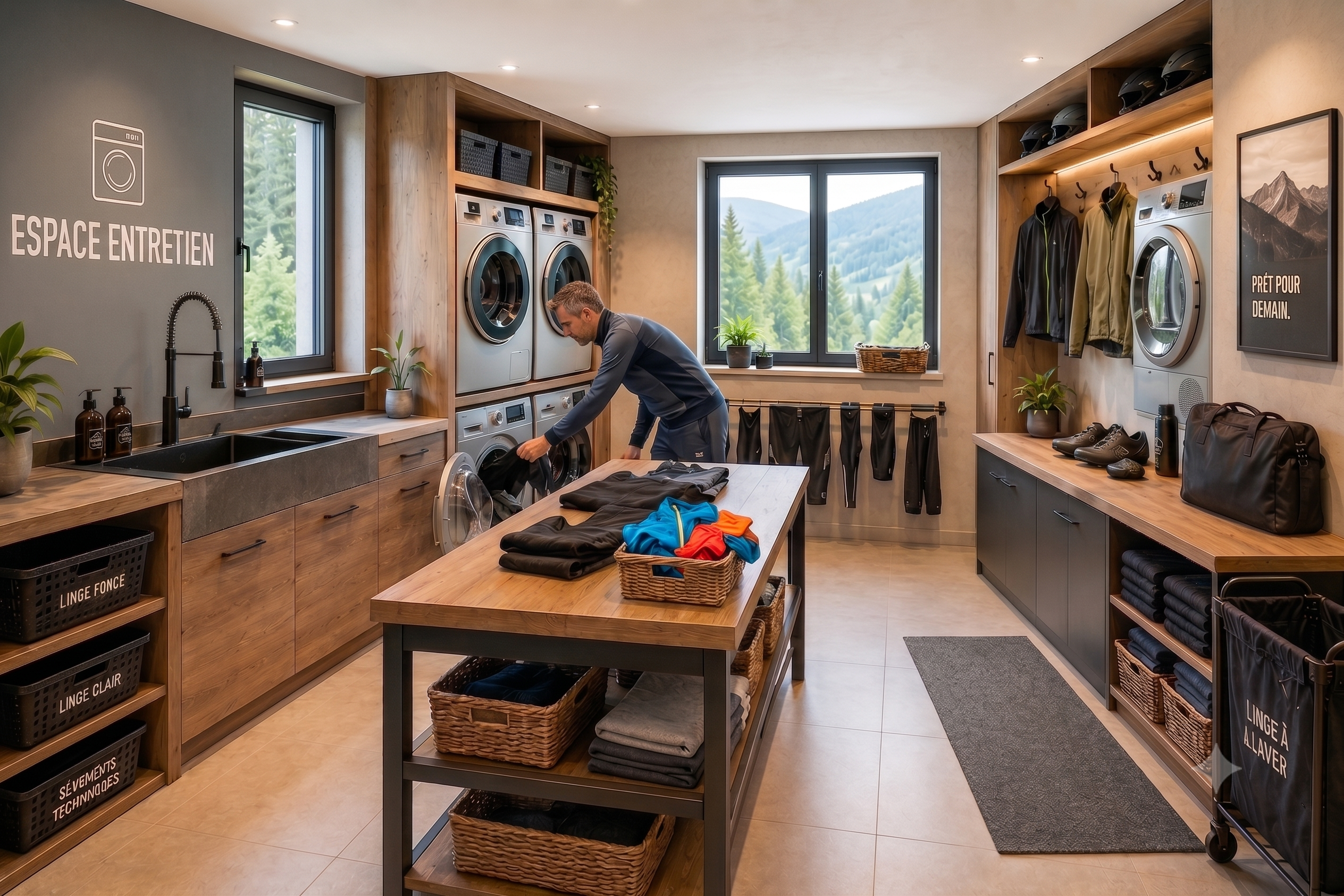Buanderie avec machines à laver, sèche-linge et linge de sport plié.