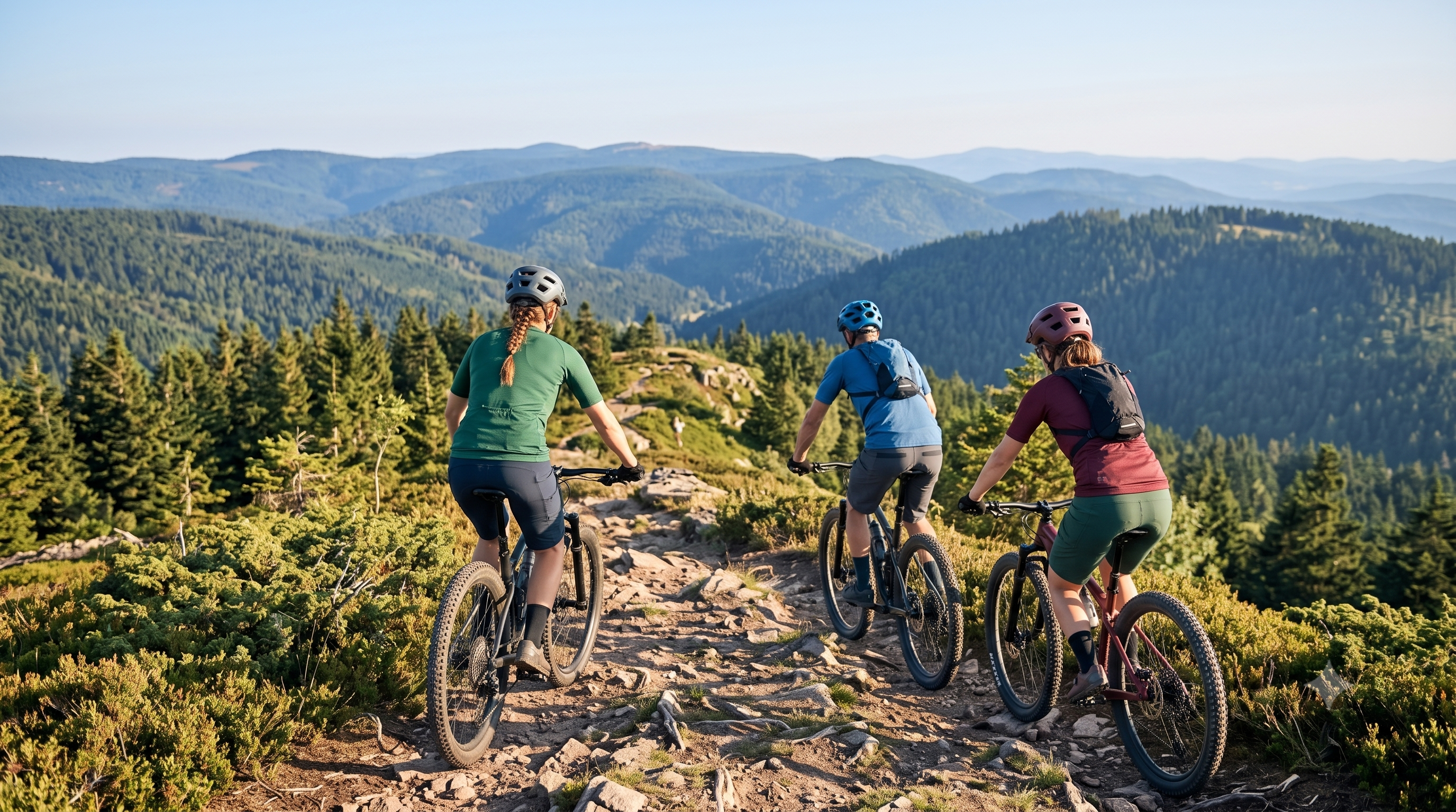 Trois cyclistes de dos sur un sentier de crête, face à un massif forestier.
